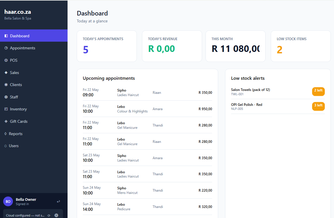 flits front-desk software — day-view bookings calendar (Fig. 01 — Voortoon)